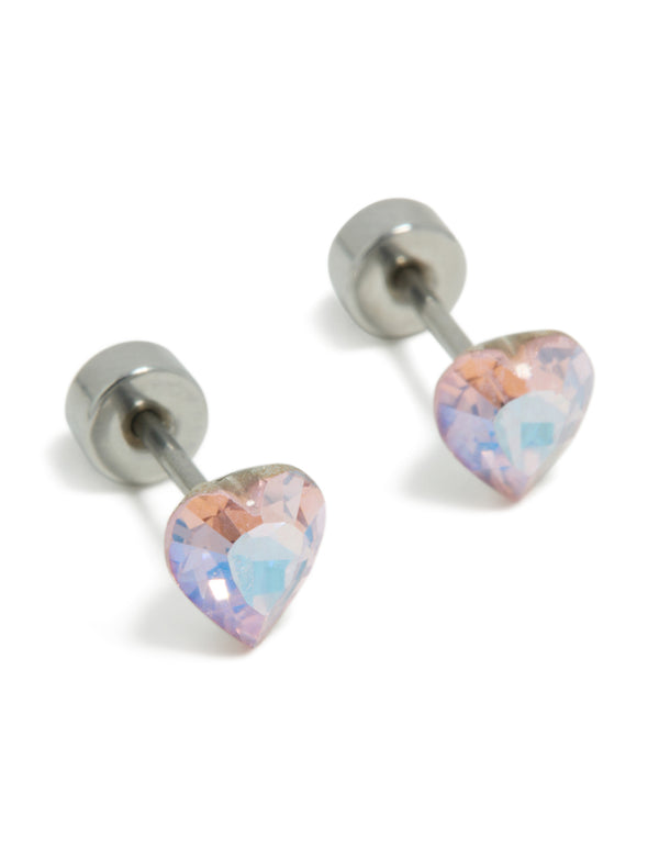 Featuring heart-shaped iridescent cubic zirconia studs with flat back closure crafted from surgical steel front view