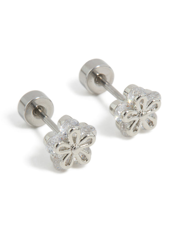 Kids Surgical Steel Cubic Zirconia Flower Flat Back Studs