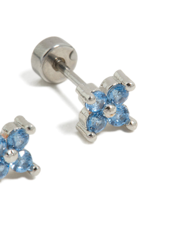 Crafted from surgical steel with blue cubic zirconia floral design and flat back closure post detail view