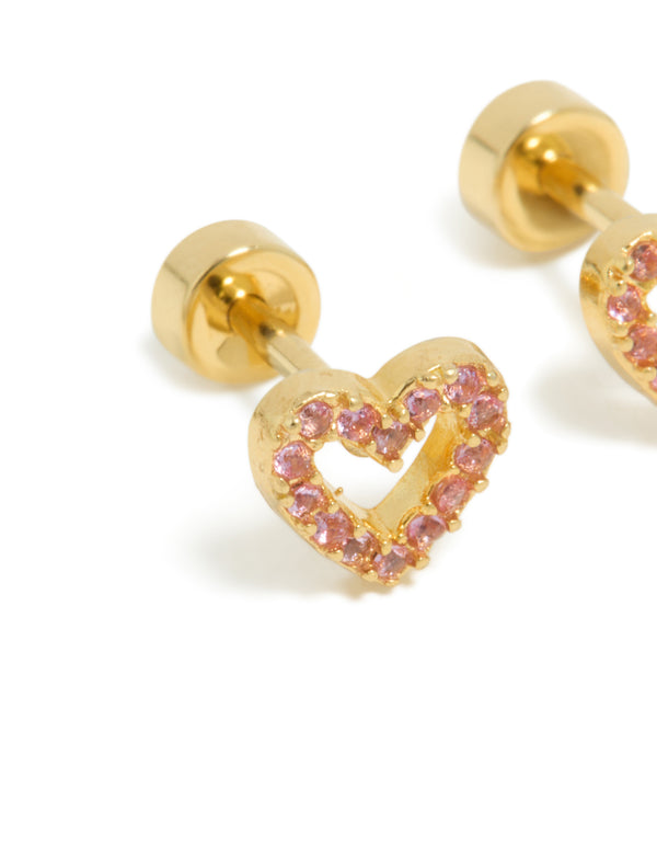 Kids Gold Plated Surgical Steel Pink Cubic Zirconia Pavé Heart Flat Back Studs