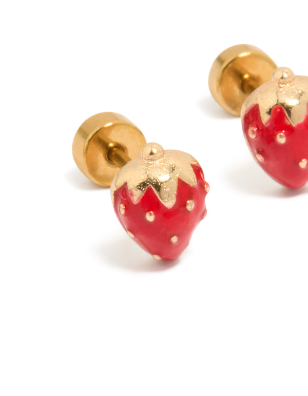 Kids Gold Plated Surgical Steel Strawberry Flat Back Studs