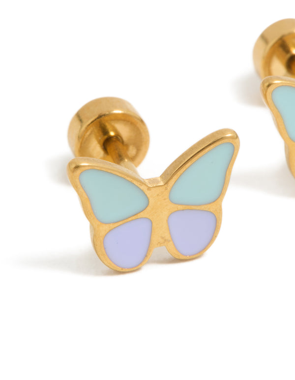 Kids Gold Plated Surgical Steel Colour Mix Butterfly Flat Back Studs