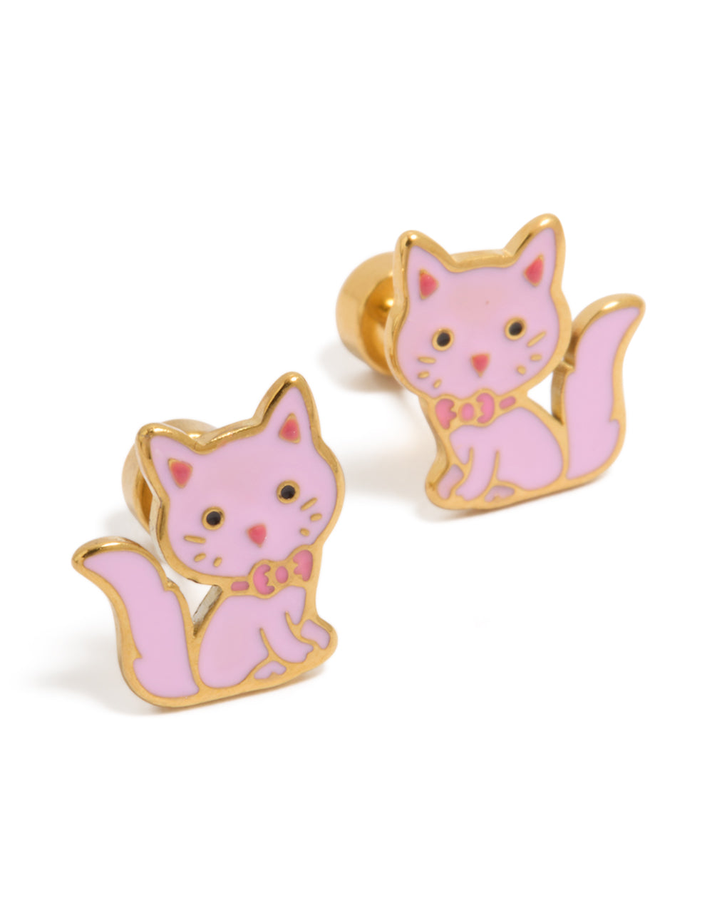 Showcasing kids cat flat back studs with bow feature, crafted from surgical steel in gold plated finish front view