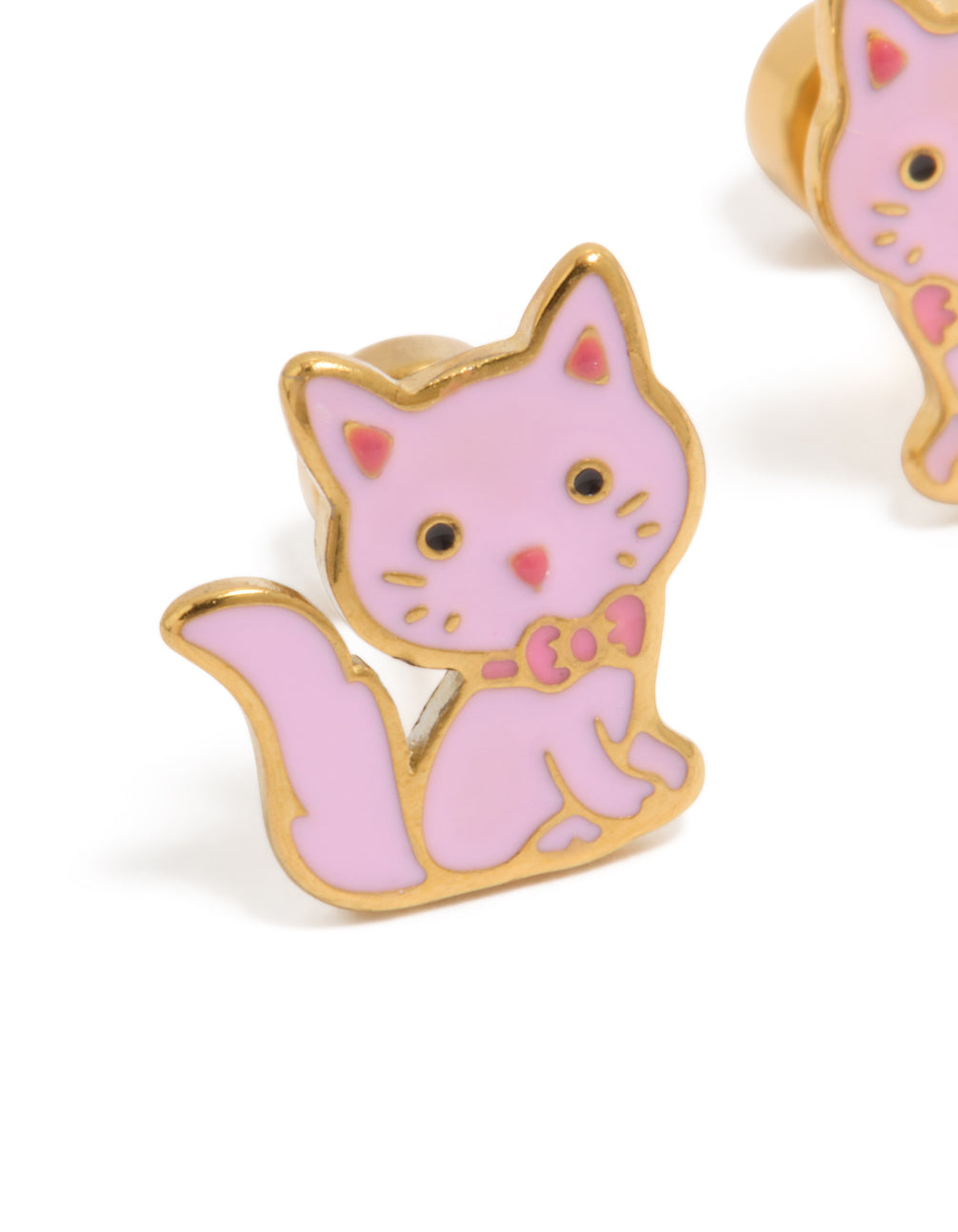 Adorable kids cat flat back studs featuring bow detail, made with surgical steel in gold plated finish close up view
