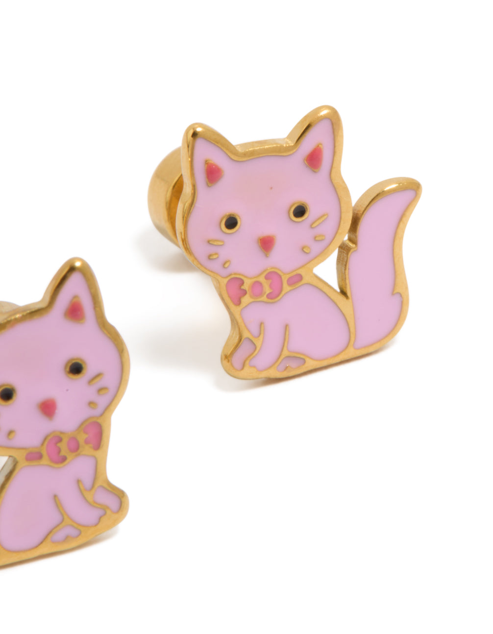 Charming kids cat flat back studs with designed in surgical steel and gold plated material post detail view