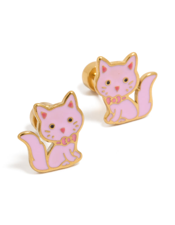 Kids Gold Plated Surgical Steel Cat Flat Back Studs