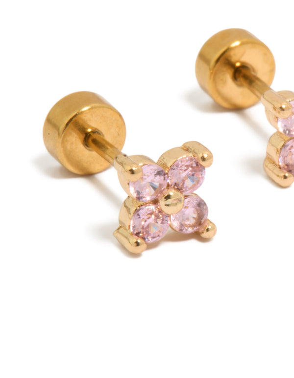 Exquisite flower-shaped stud earrings featuring pink cubic zirconia gemstones set in gold plated surgical steel with flat back closures close up view
