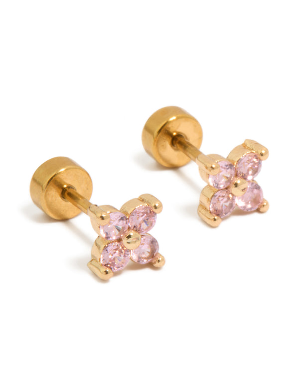 Kids Gold Plated Surgical Steel Pink Cubic Zirconia Flower Flat Back Studs