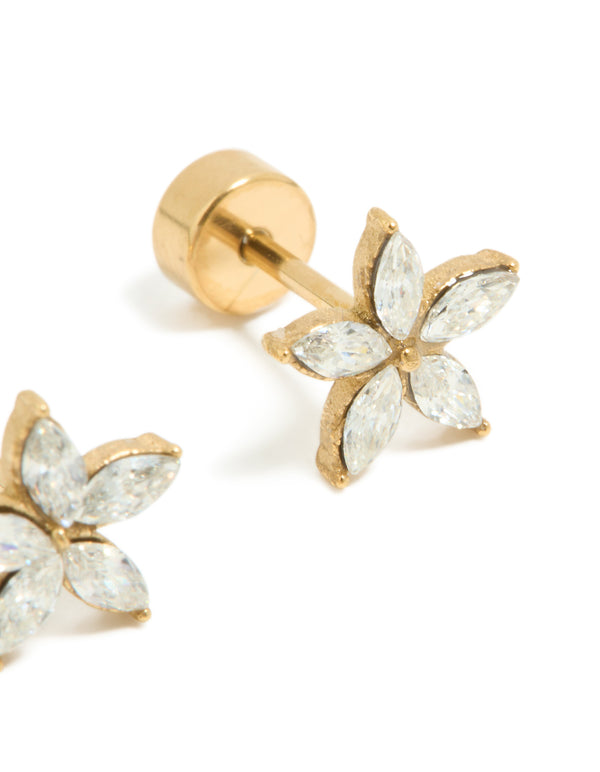Kids Gold Plated Surgical Steel Cubic Zirconia Flower Flat Back Studs