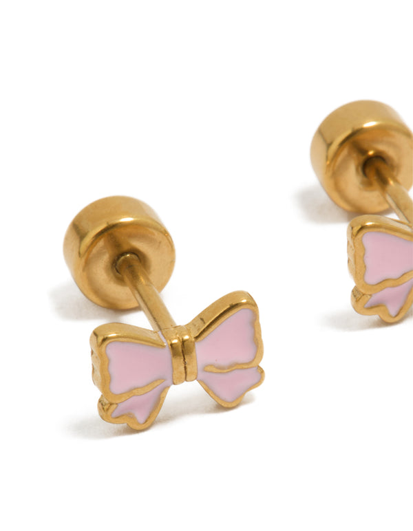 Gold Plated Surgical Steel Mini Pink Bow Flat Back Studs