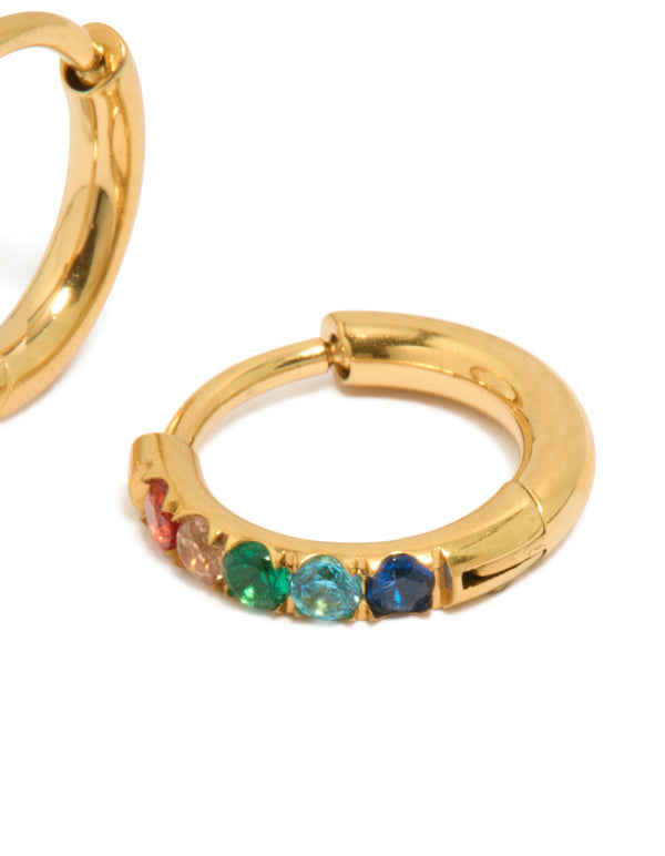 Displaying kids gold plated surgical steel rainbow coloured cubic zirconia sleeper hoop earrings with red, green and blue stones post detail view