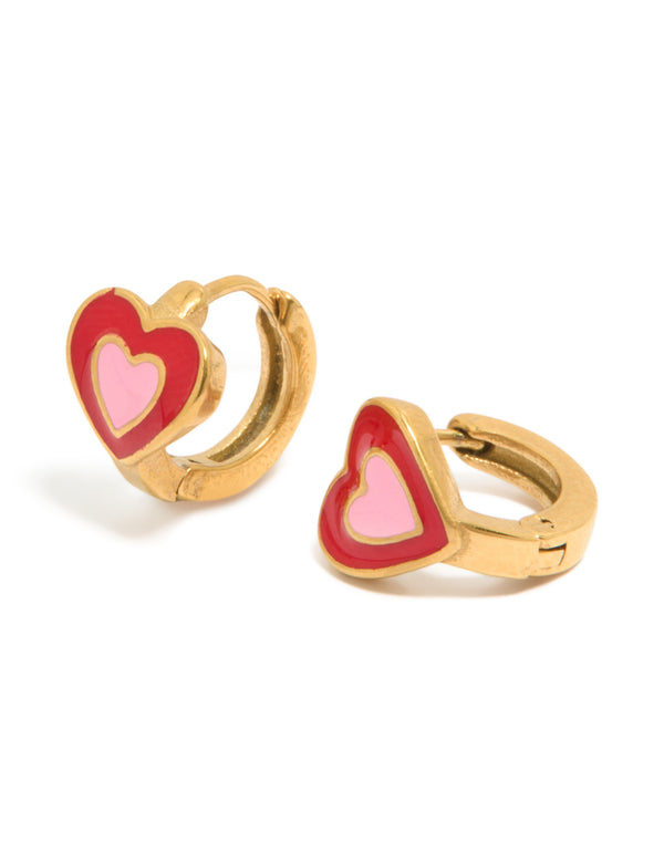 Kids gold plated surgical steel heart sleeper earrings in crimson and pink front view