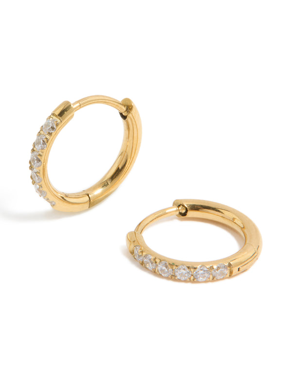 Elegantly designed kids sleeper earrings crafted from surgical steel featuring cubic zirconia stones in gold with hoop closure front view