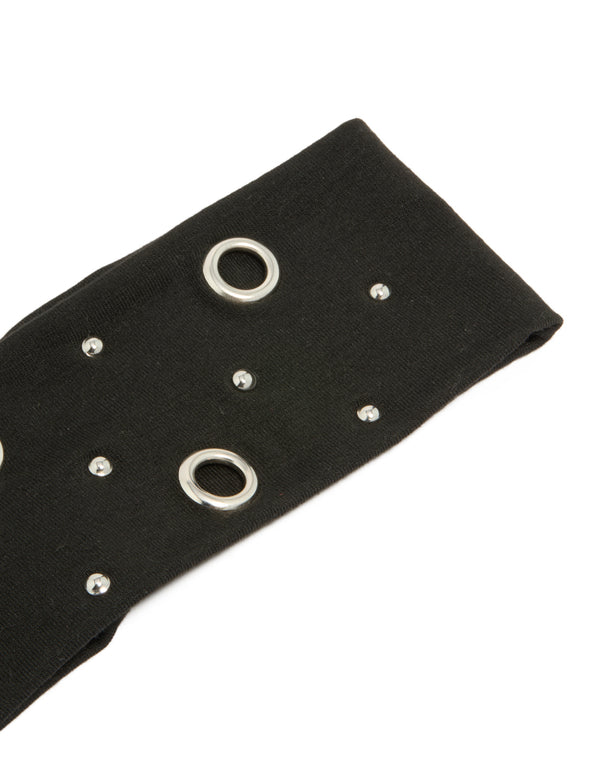 Crafted from black eyelet wide stretch fabric headband in solid print with silver accents side view
