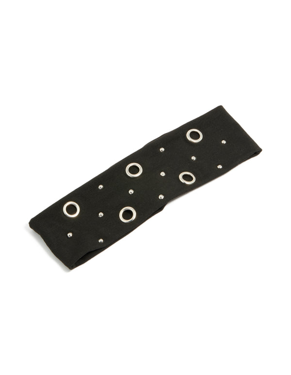 Showcasing a black eyelet wide stretch fabric headband in solid print with silver accents front view