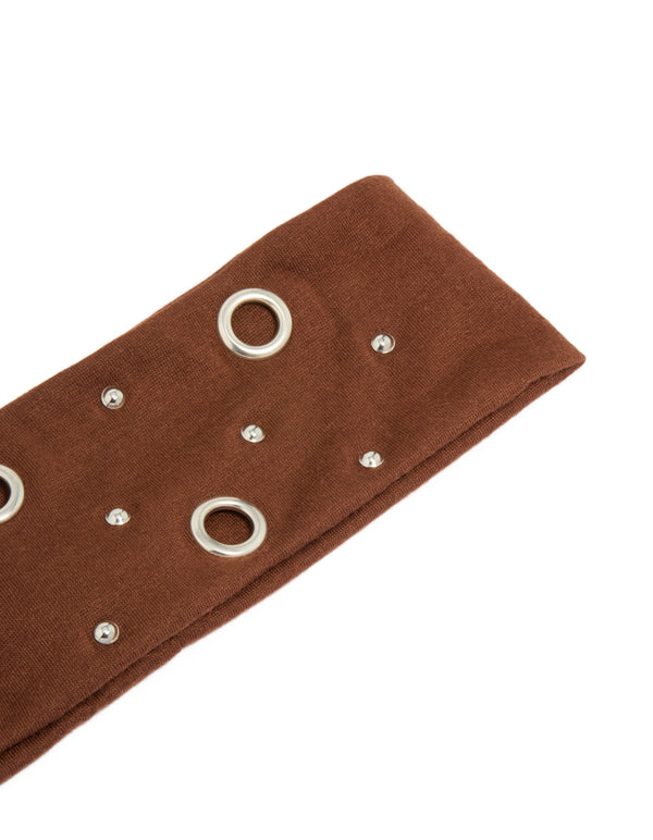 Chic brown eyelet wide stretch fabric headband adorned with silver studs side view