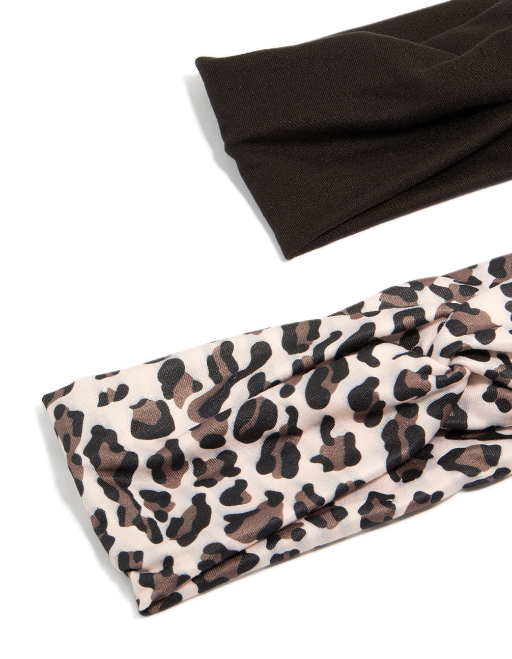 Explore black and leopard print twist stretch fabric headbands 2-pack in black, beige, rosy brown detail view
