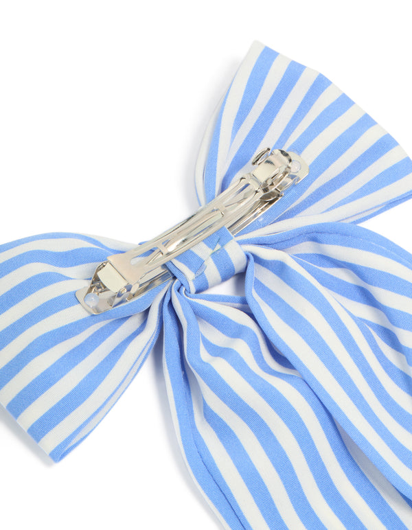 Designed with a striped pattern, this fabric bow hair clip in light blue and white features a clip fastening side view