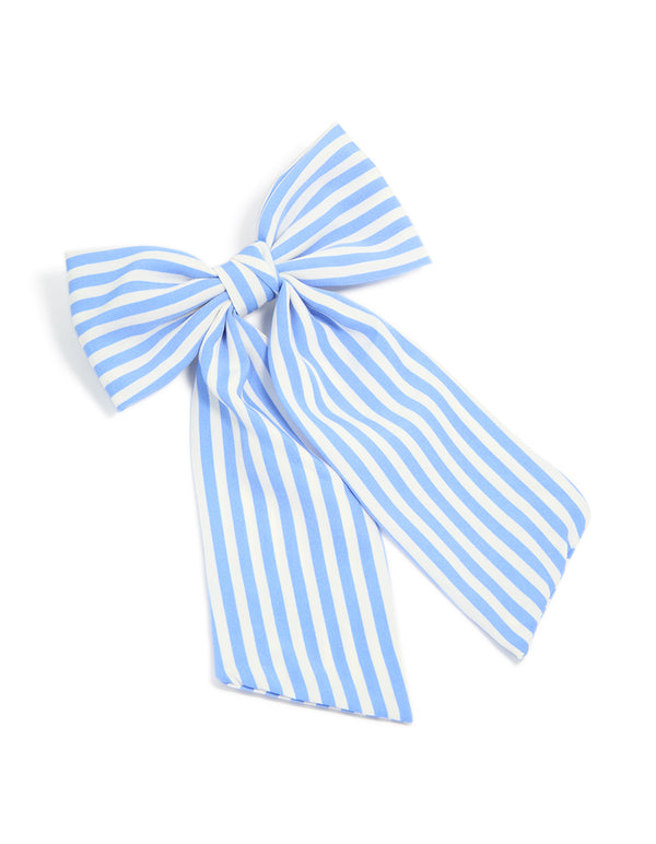 Featuring a fabric bow hair clip with striped pattern in light blue and white front view