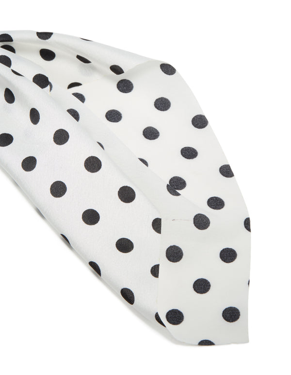 Designed with polyester polka dot print in white and black scarf scrunchie detail view