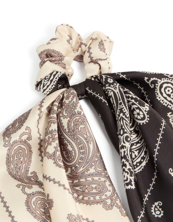 Beautifully crafted chocolate and ivory paisley fabric long scarf scrunchie in tan with white accents side view