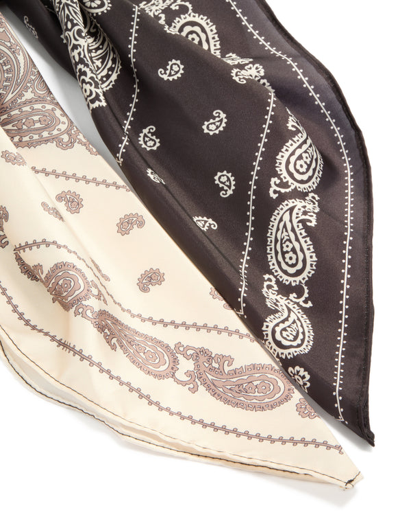 Featuring a chocolate brown and cream paisley printed statement fabric long scarf scrunchie with intricate pattern detail view