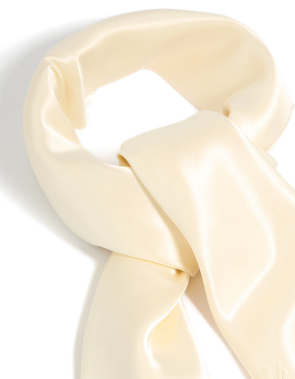 Crafted from solid cream satin long scarf with lace edge side view