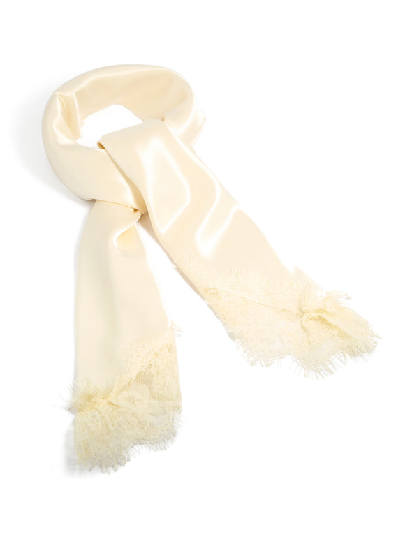 Showcasing a solid cream satin long scarf with lace edge front view