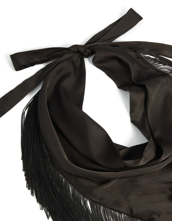 Crafted with tassel fringe in solid black fabric side view