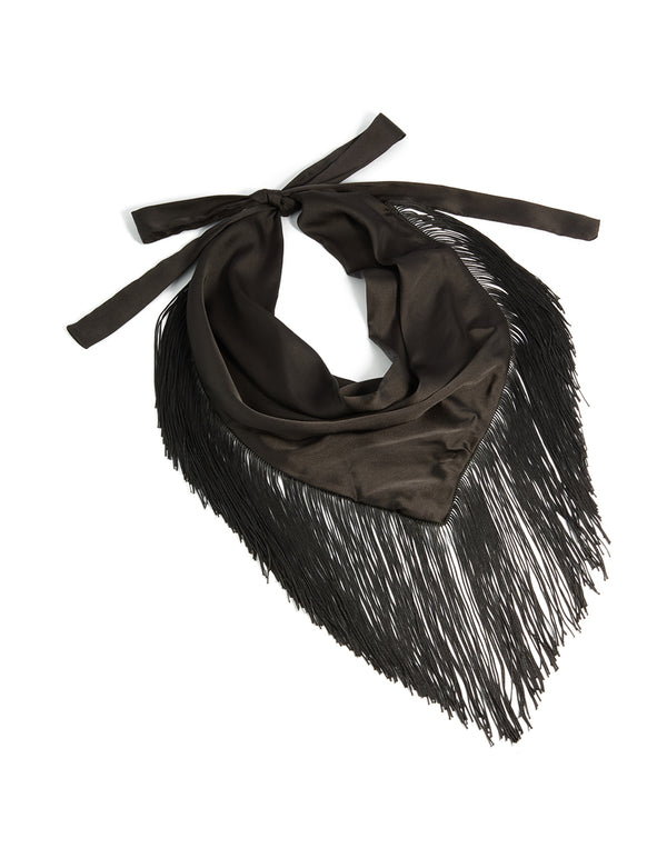 Showcasing a tassel fringe scarf in solid black fabric front view