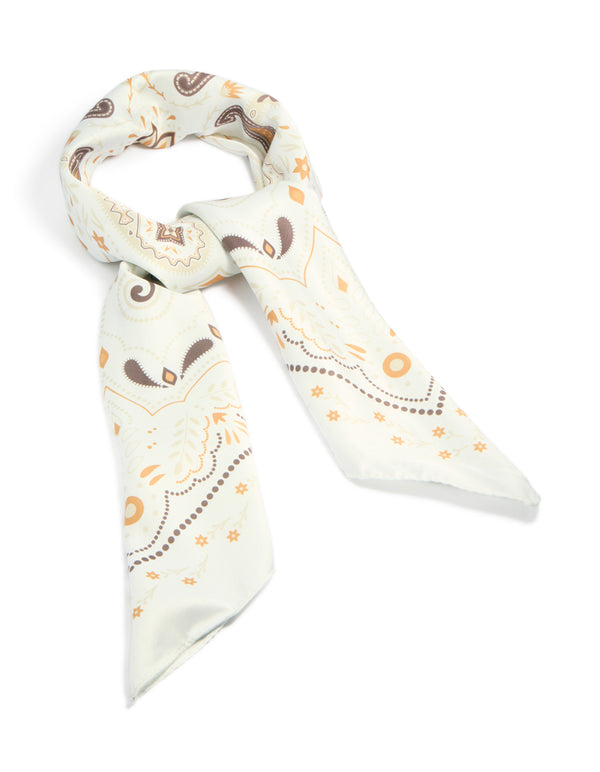 Showcasing a paisley print fabric scarf in ivory, brown, and peachpuff front view