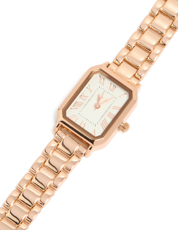 Rose Gold Plated Rectangle Roman Numeral Watch