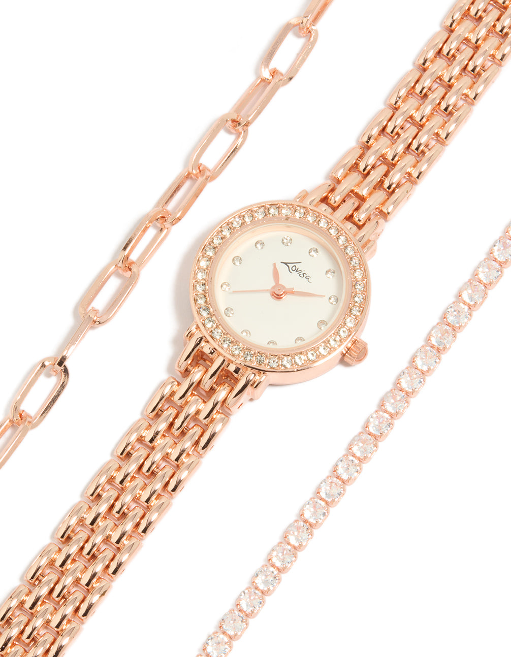 Showcasing a rose gold plated round diamante watch and bracelets pack with clear stone dial, formal women's analog timepiece featuring link band strap watch face detail view