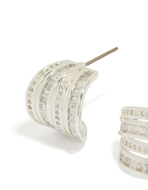 Designed with silver plated cubic zirconia 4 layered huggie earrings close up view