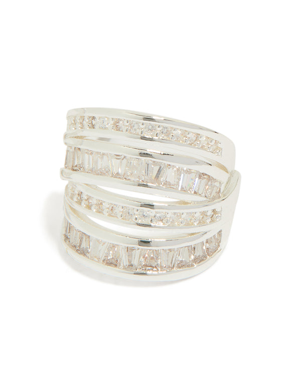 Highlighting silver plated cubic zirconia 4 layered huggie earrings post detail view