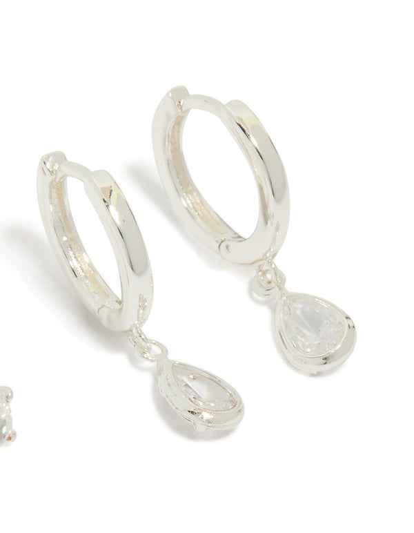 Designed with silver plated cubic zirconia hoop and stud earrings 2-pack close up view
