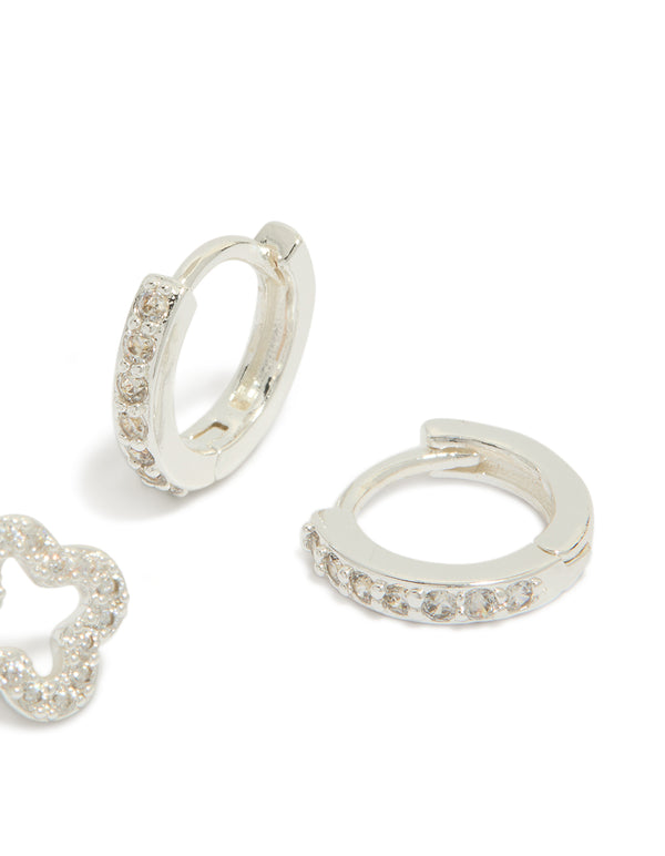 Designed with silver plated cubic zirconia flower stud and huggie earrings 2-pack highlighting post detail view