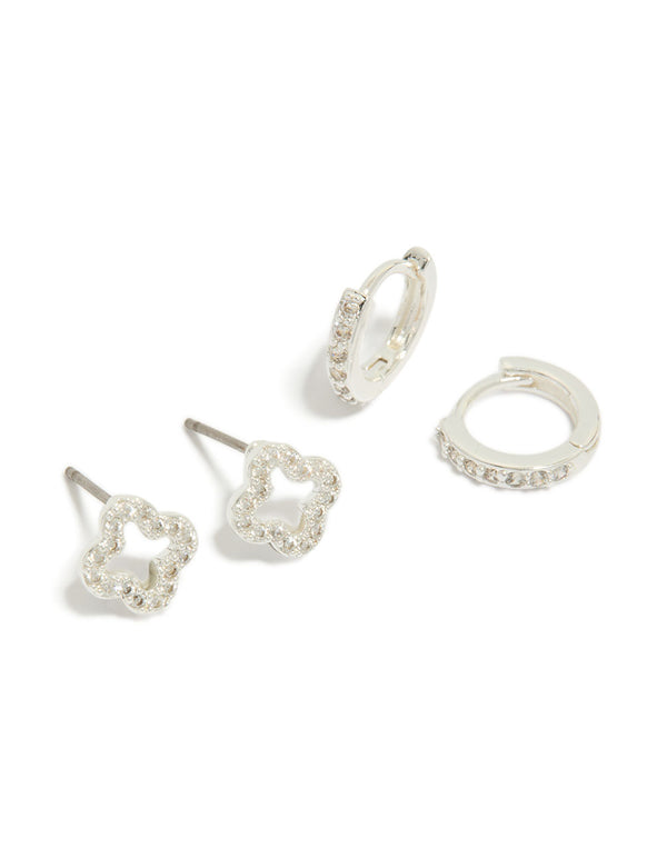 Silver Plated Cubic Zirconia Flower Stud & Huggie Earrings 2-Pack