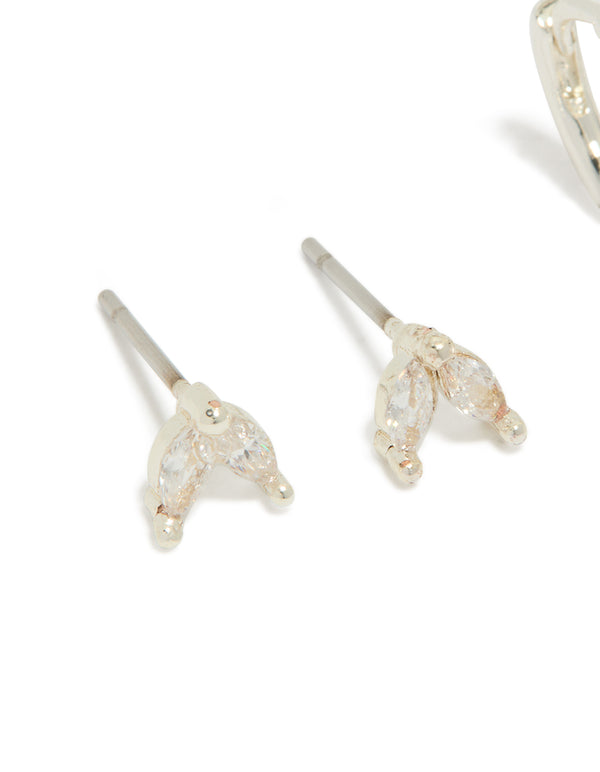 Silver Plated Cubic Zirconia Leaf Studs & Baguette Huggie Earrings 2-Pack