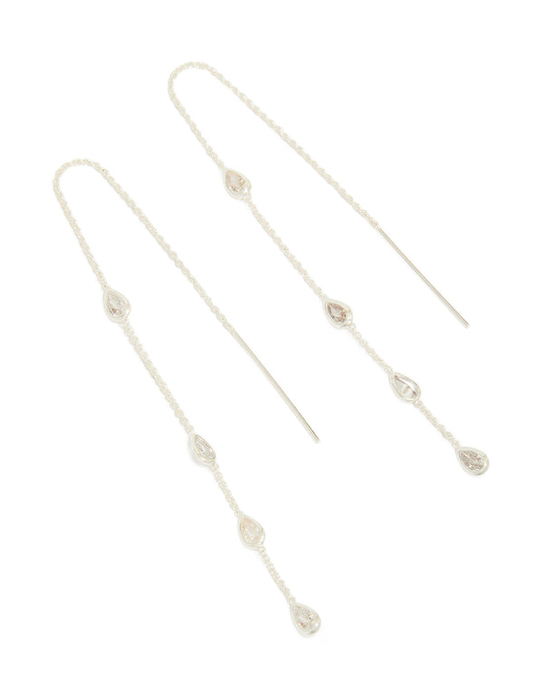 Silver Plated Station Pear Cubic Zirconia Threader Earrings