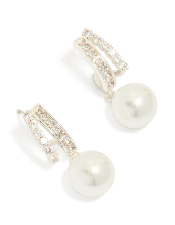 Silver Plated Cubic Zirconia Illusion Pearl Drop Earrings