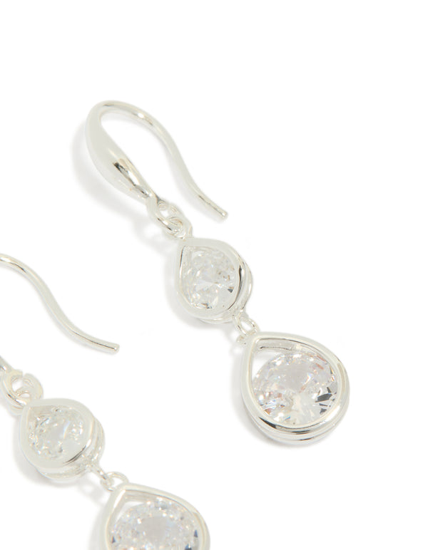 Elegant silver plated double teardrop hook earrings featuring clear cubic zirconia post detail view
