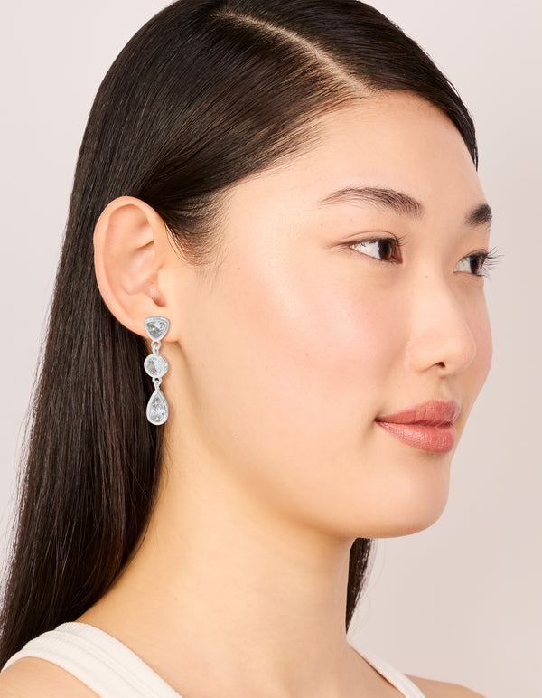 Displaying silver plated cubic zirconia organic circles triple drop earrings on model view