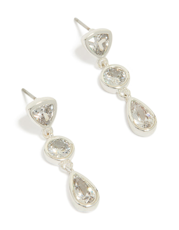 Silver Plated Cubic Zirconia Organic Circles Triple Drop Earrings