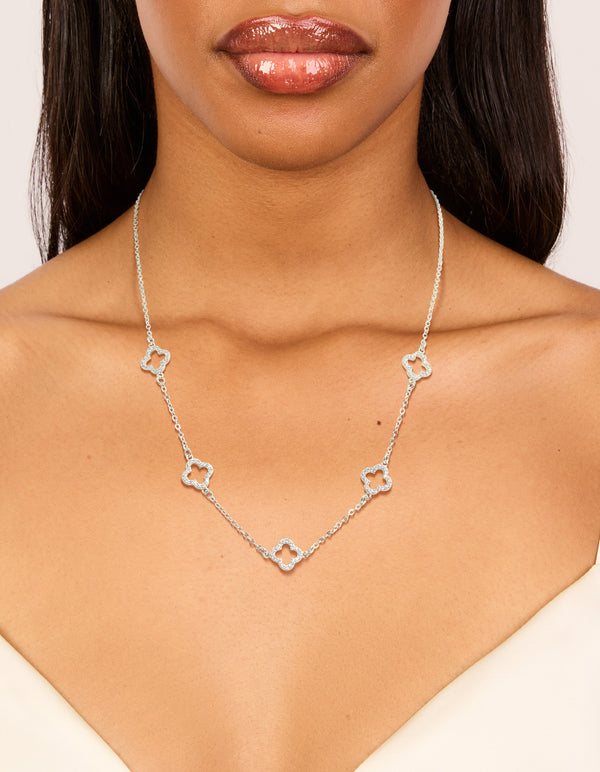 Silver Plated Cubic Zirconia Flower Charms Necklace
