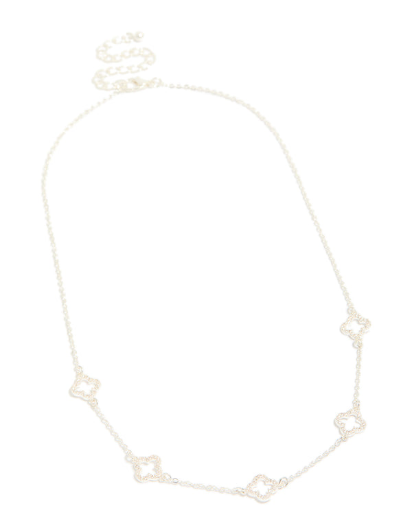 Silver Plated Cubic Zirconia Flower Charms Necklace