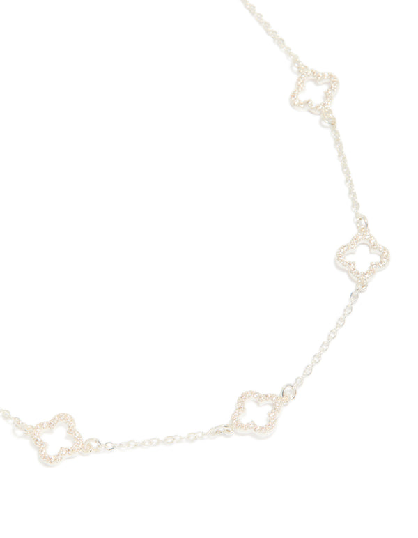 Silver Plated Cubic Zirconia Flower Charms Necklace