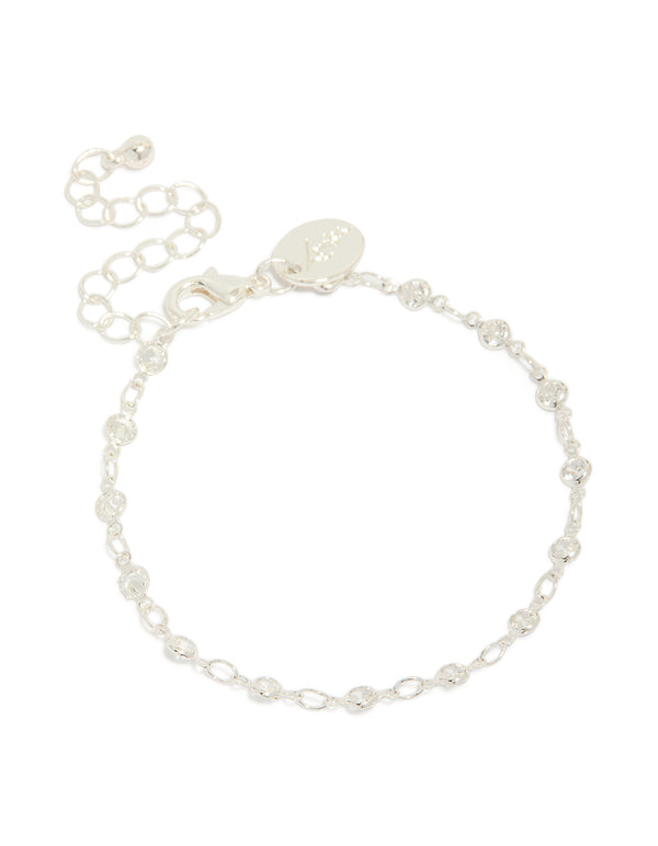 Showcasing a silver plated cubic zirconia round dainty chain bracelet front view