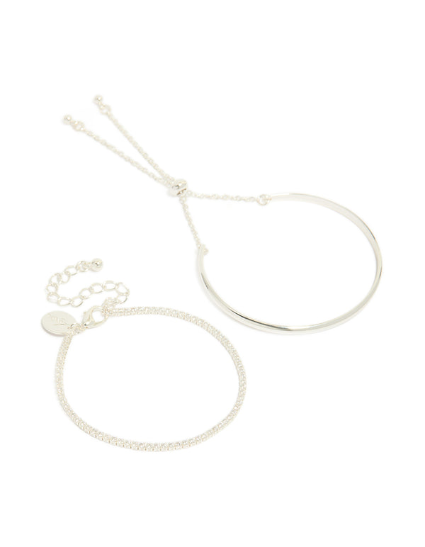 Silver Plated Cubic Zirconia Tennis & Cuff Toggle Bracelets 2-Pack