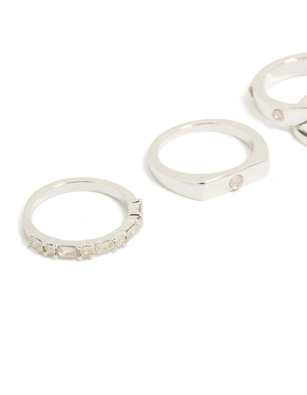 Showcase of silver plated diamante inlay and band rings 4-pack featuring stackable design side detail view